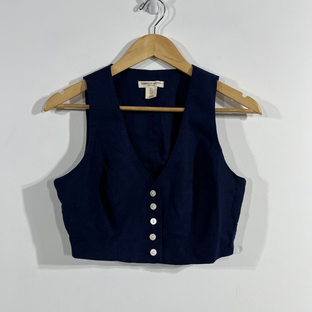 Christian Siriano Navy Blue Button-Front Crop Vest